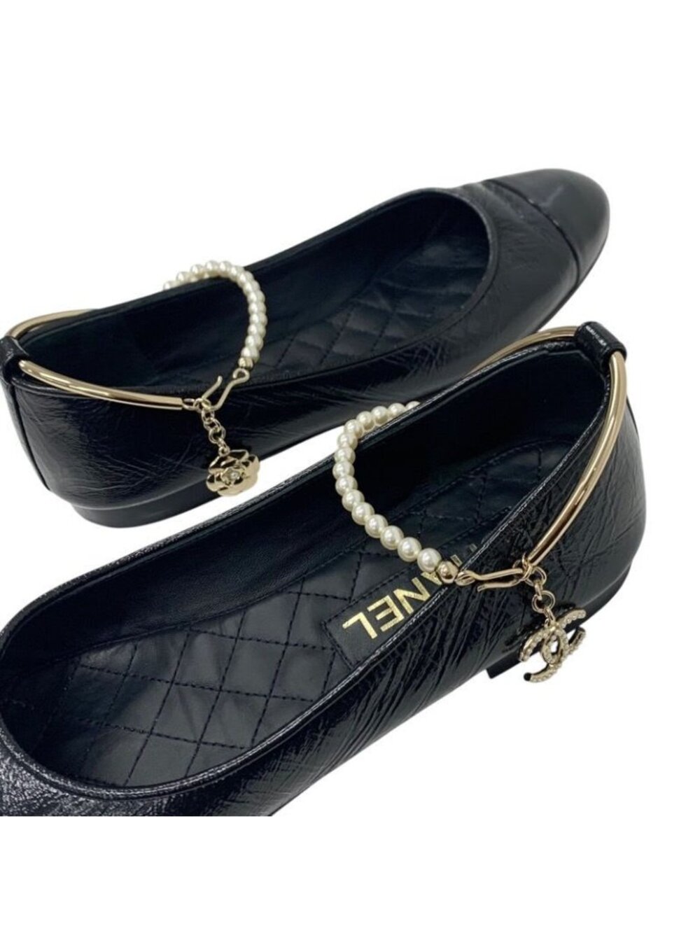 Chanel Flat Shoes Leather Black Gold Ballet Ballerina Coco Mark Pearl - Picture 9 of 10